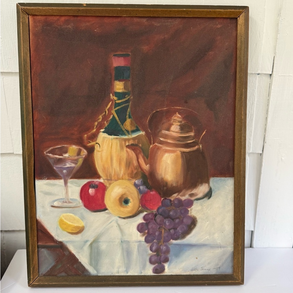 Vintage 1989 Still Life Painting Fruit and Italian Wine Decanter & Kettle